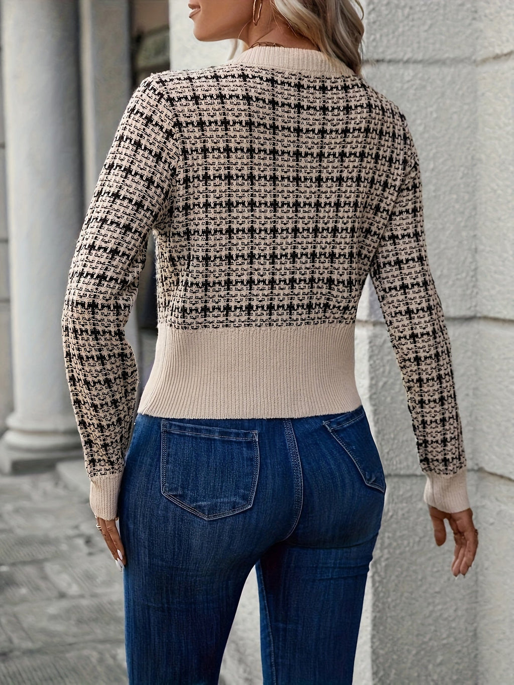 Women's Cardigan | Houndstooth Knit with Gold Buttons, Chest Pockets 2