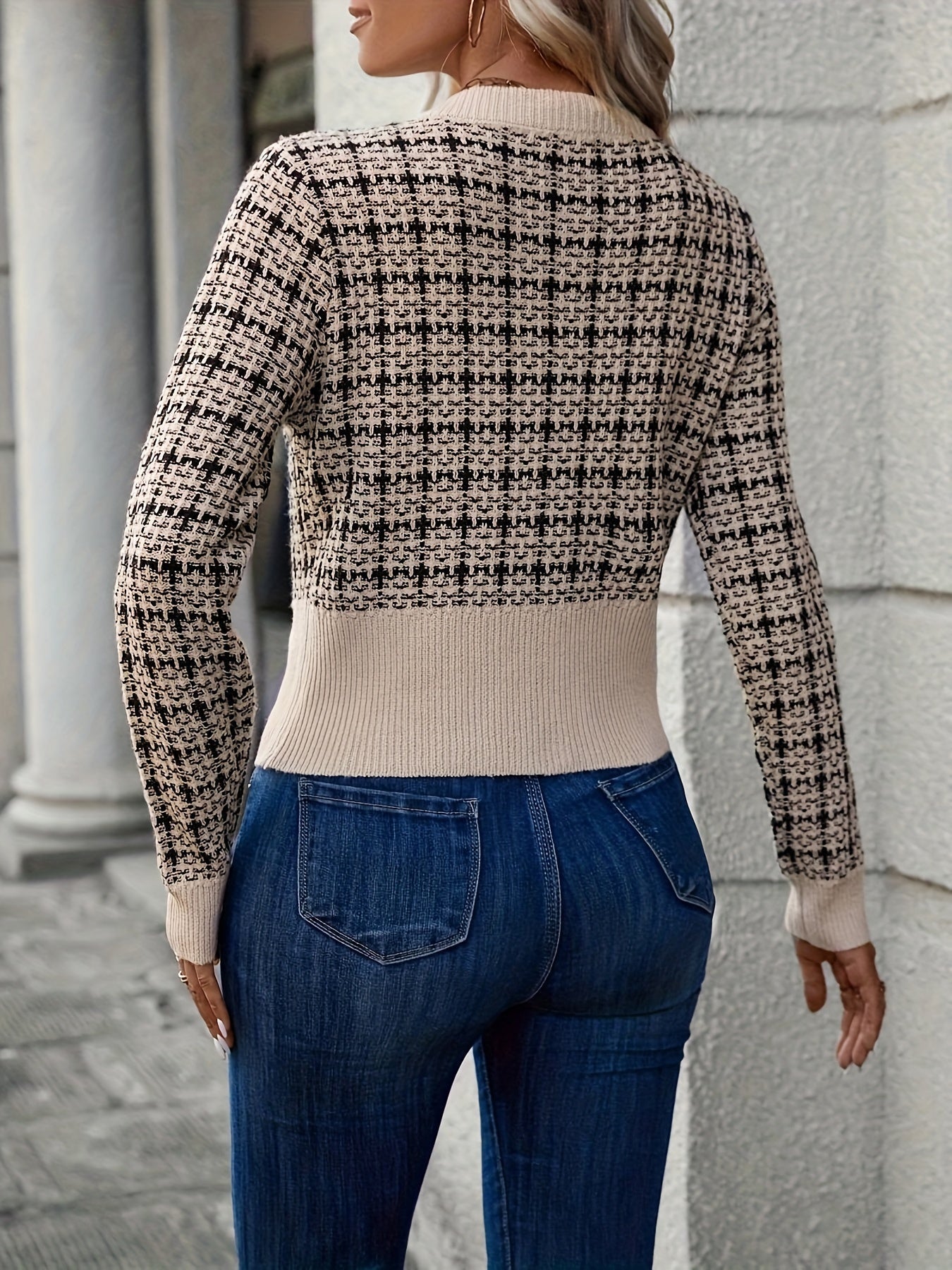 Women's Cardigan | Houndstooth Knit with Gold Buttons, Chest Pockets 2