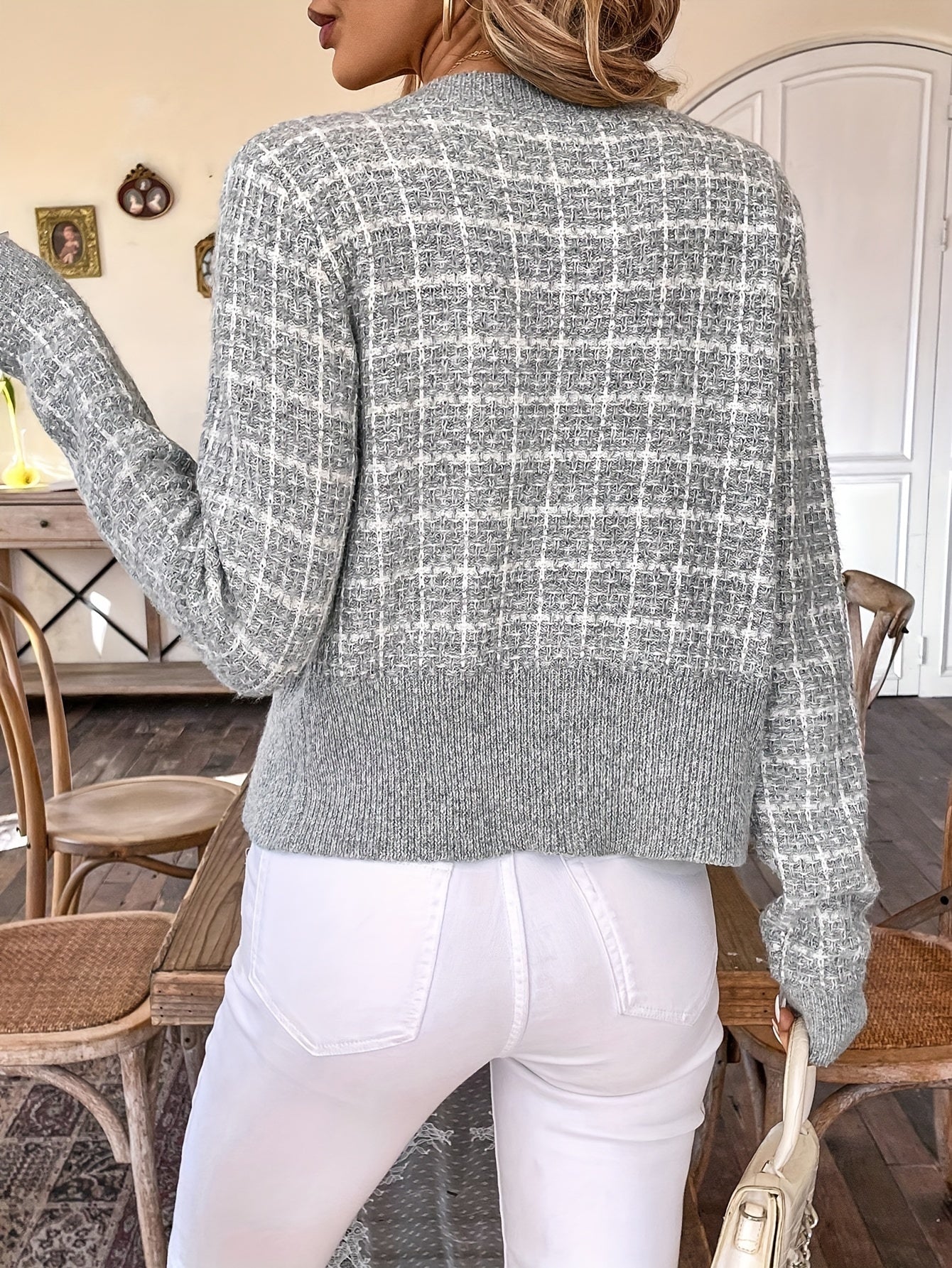 Women's Cardigan | Houndstooth Knit with Gold Buttons, Chest Pockets 6