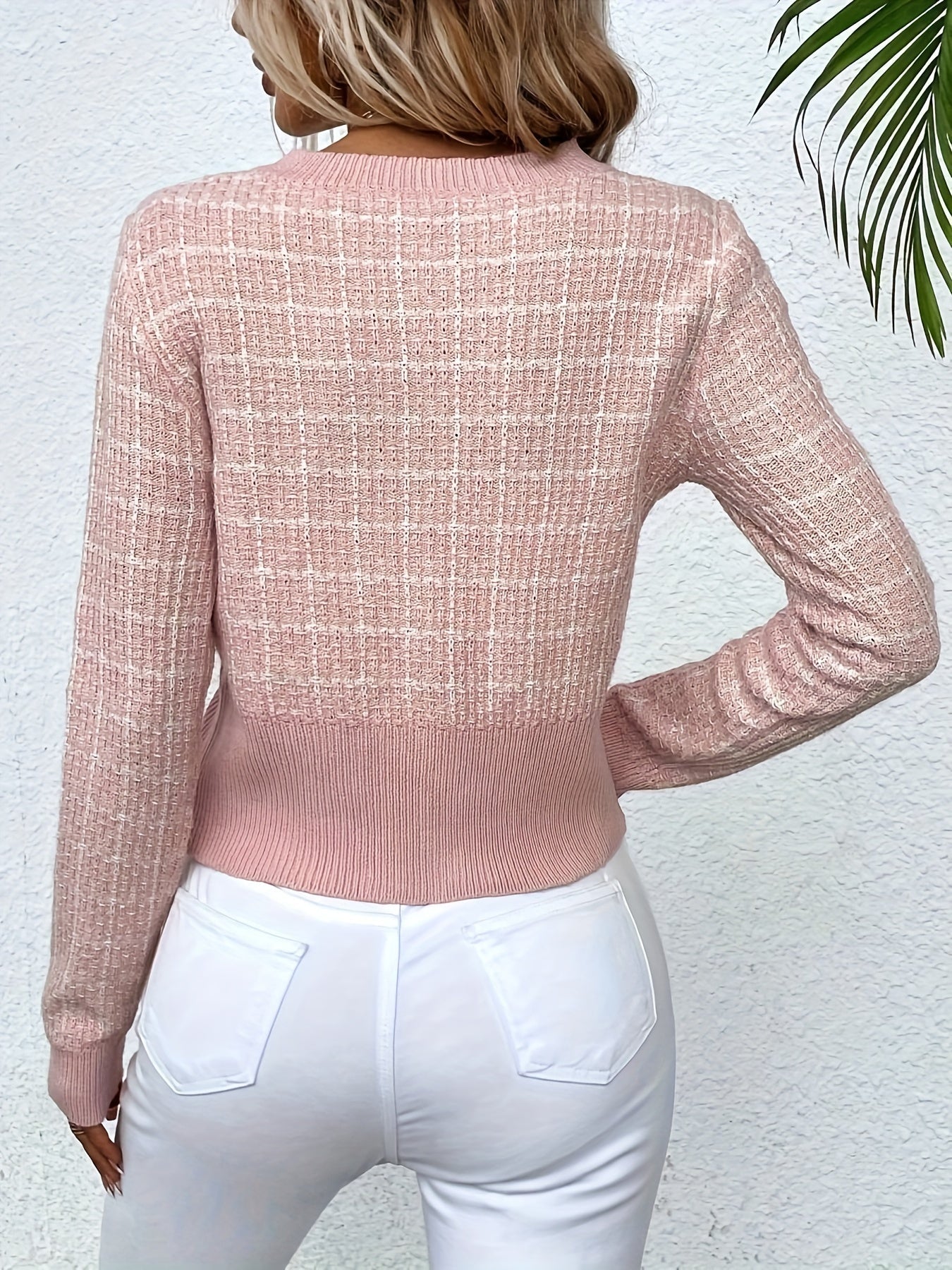 Women's Cardigan | Houndstooth Knit with Gold Buttons, Chest Pockets 8