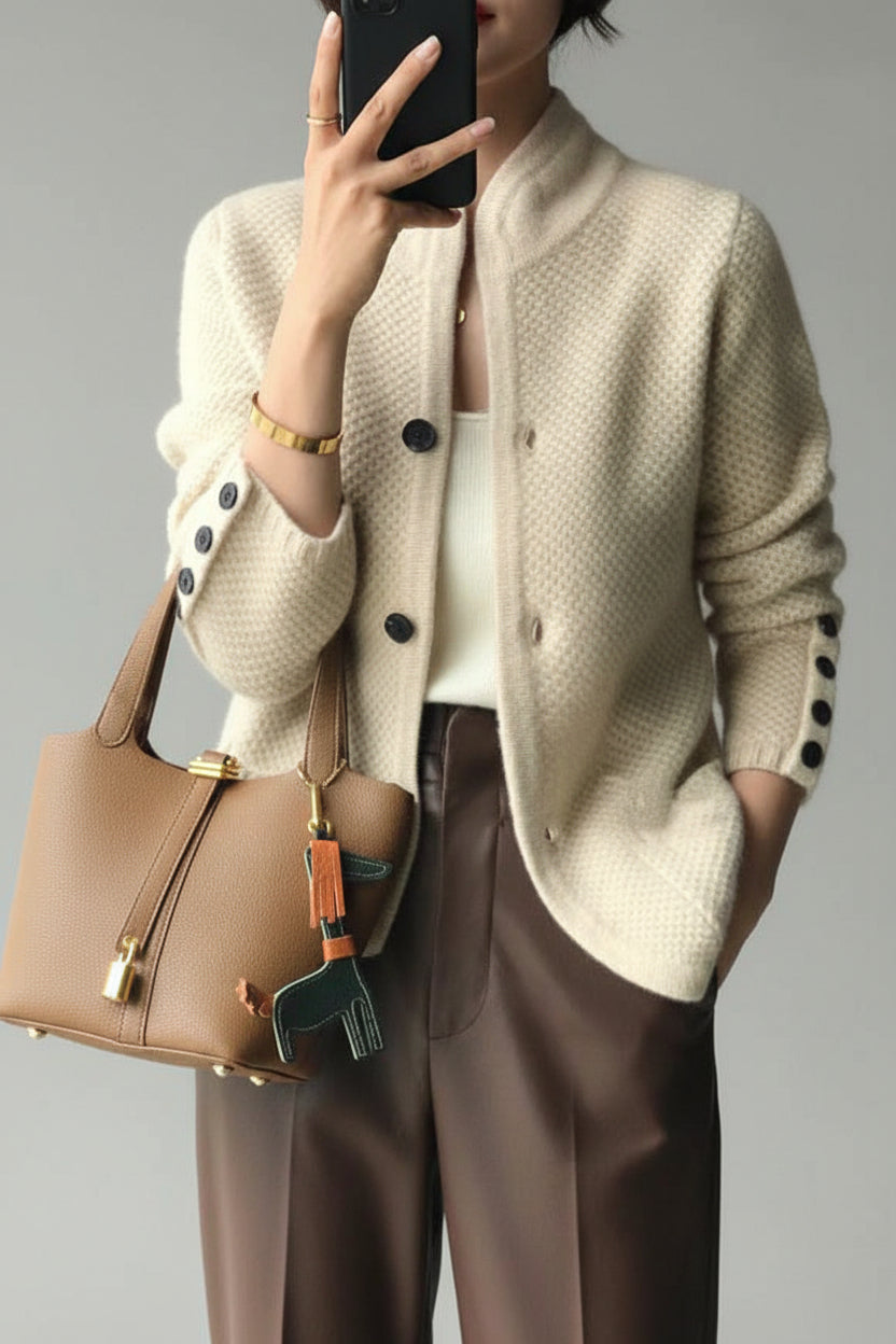Women's Cardigan | Textured Knit Cashmere, Stand Collar Button Front 0