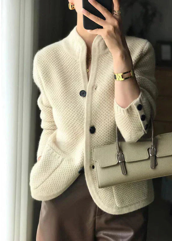 Women's Cardigan | Textured Knit Cashmere, Stand Collar Button Front 1