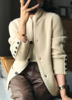 Women's Cardigan | Textured Knit Cashmere, Stand Collar Button Front 2