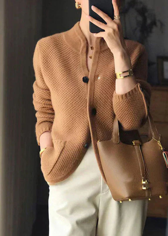 Women's Cardigan | Textured Knit Cashmere, Stand Collar Button Front 3