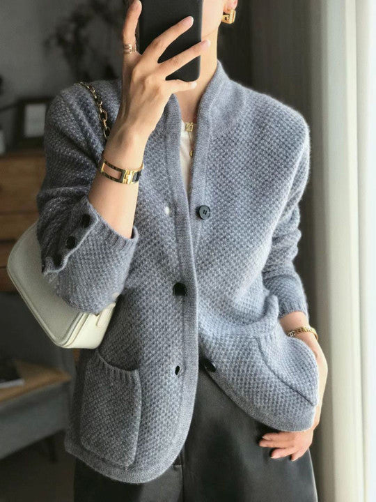 Women's Cardigan | Textured Knit Cashmere, Stand Collar Button Front 4