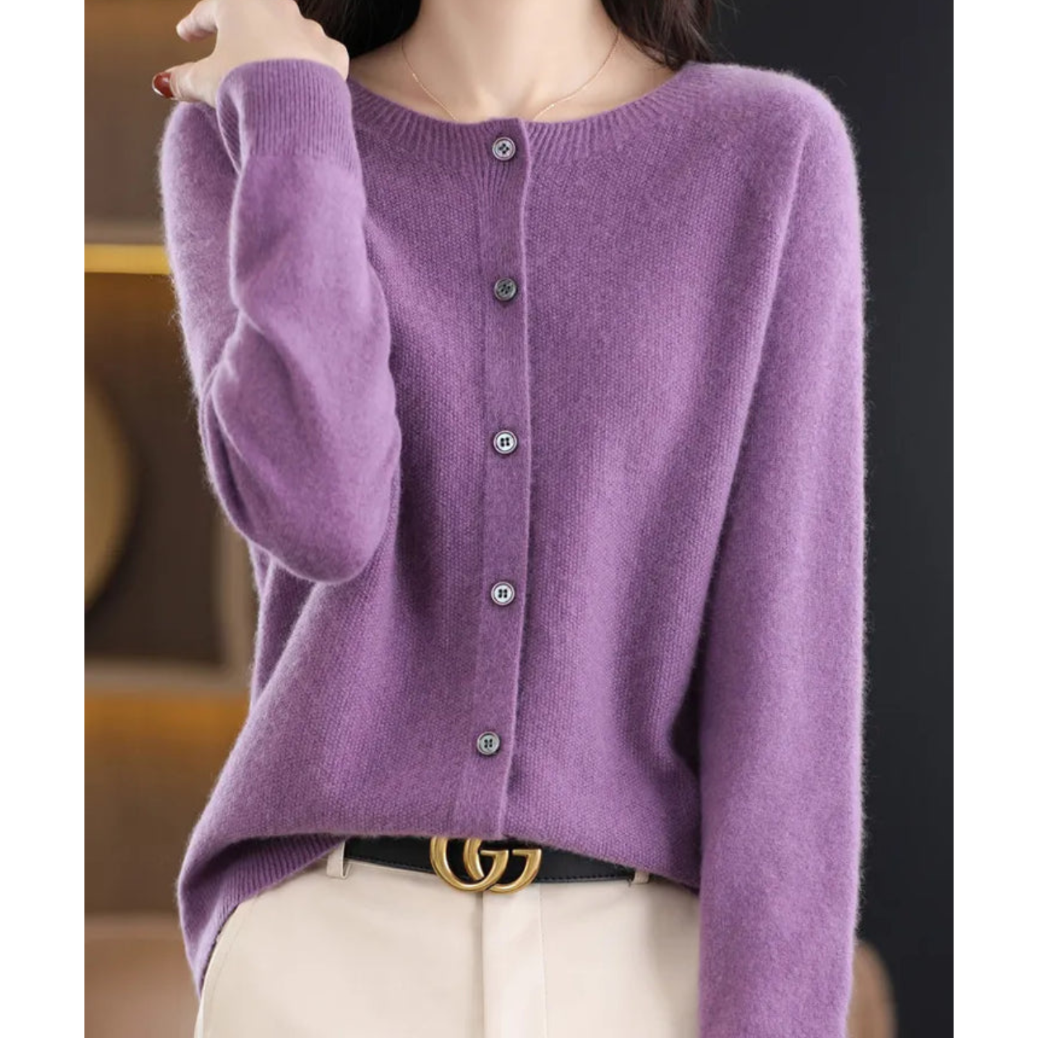 Women's Cashmere Cardigan | Merino Wool Blend, Elegant Round Neck 11