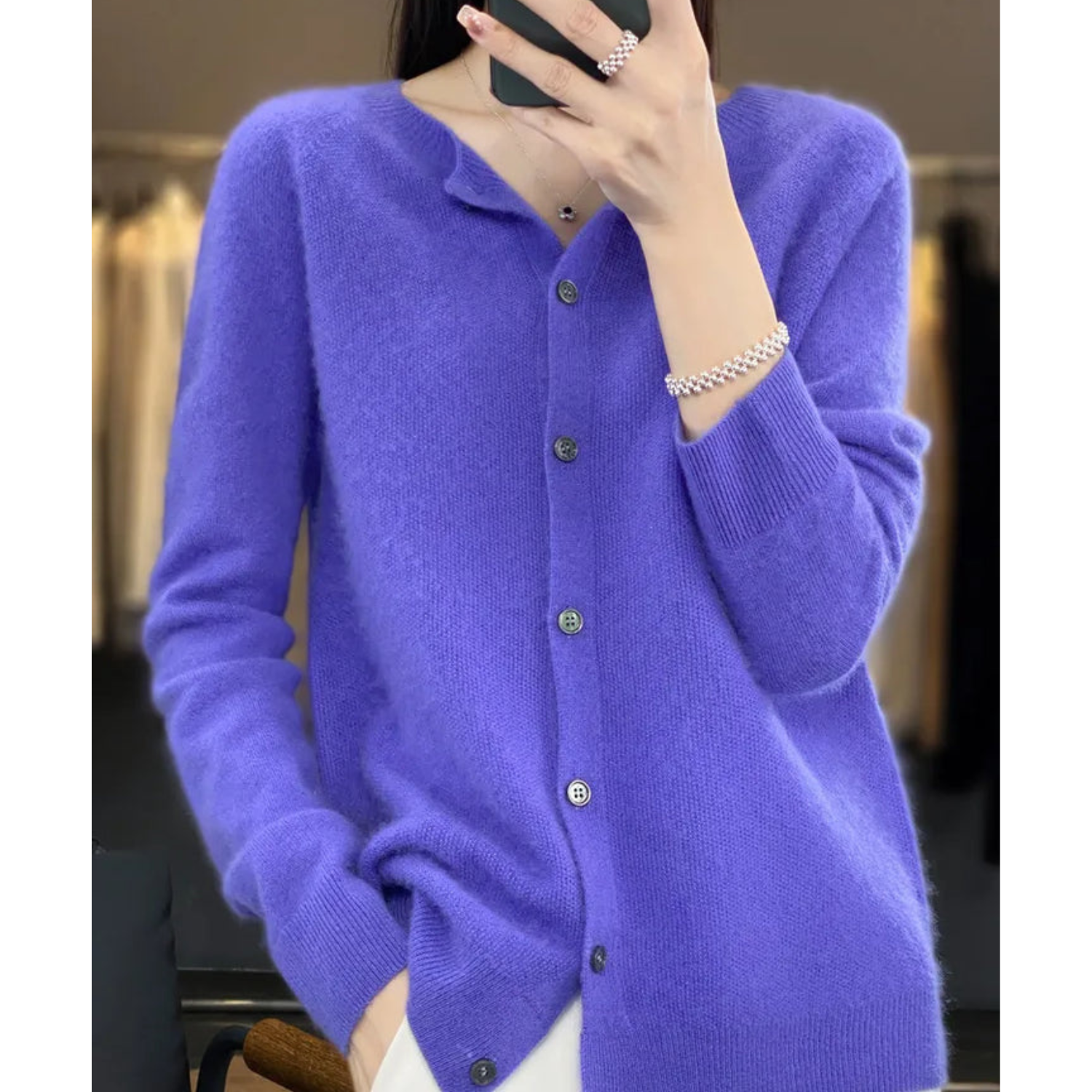 Women's Cashmere Cardigan | Merino Wool Blend, Elegant Round Neck 3