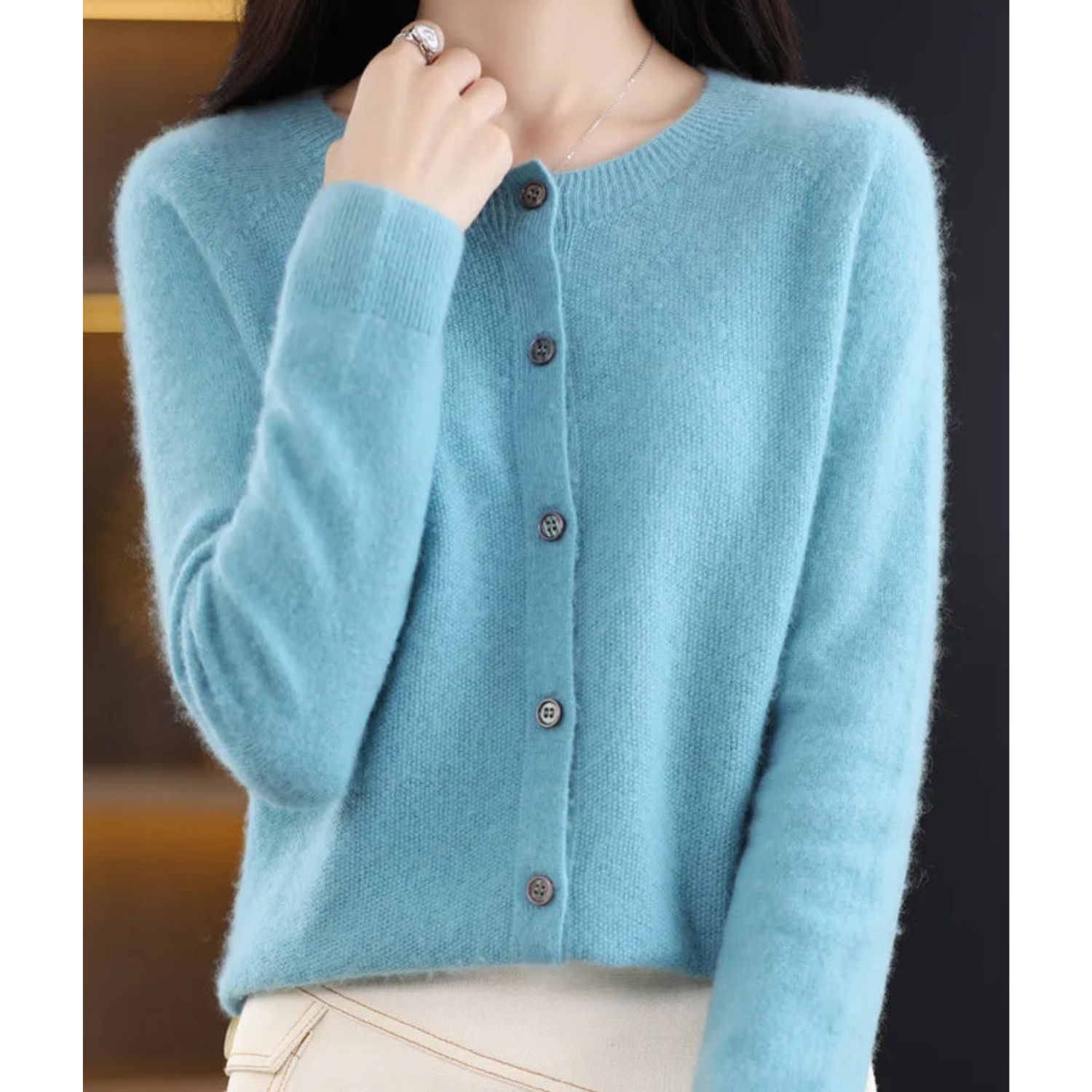 Women's Cashmere Cardigan | Merino Wool Blend, Elegant Round Neck 4