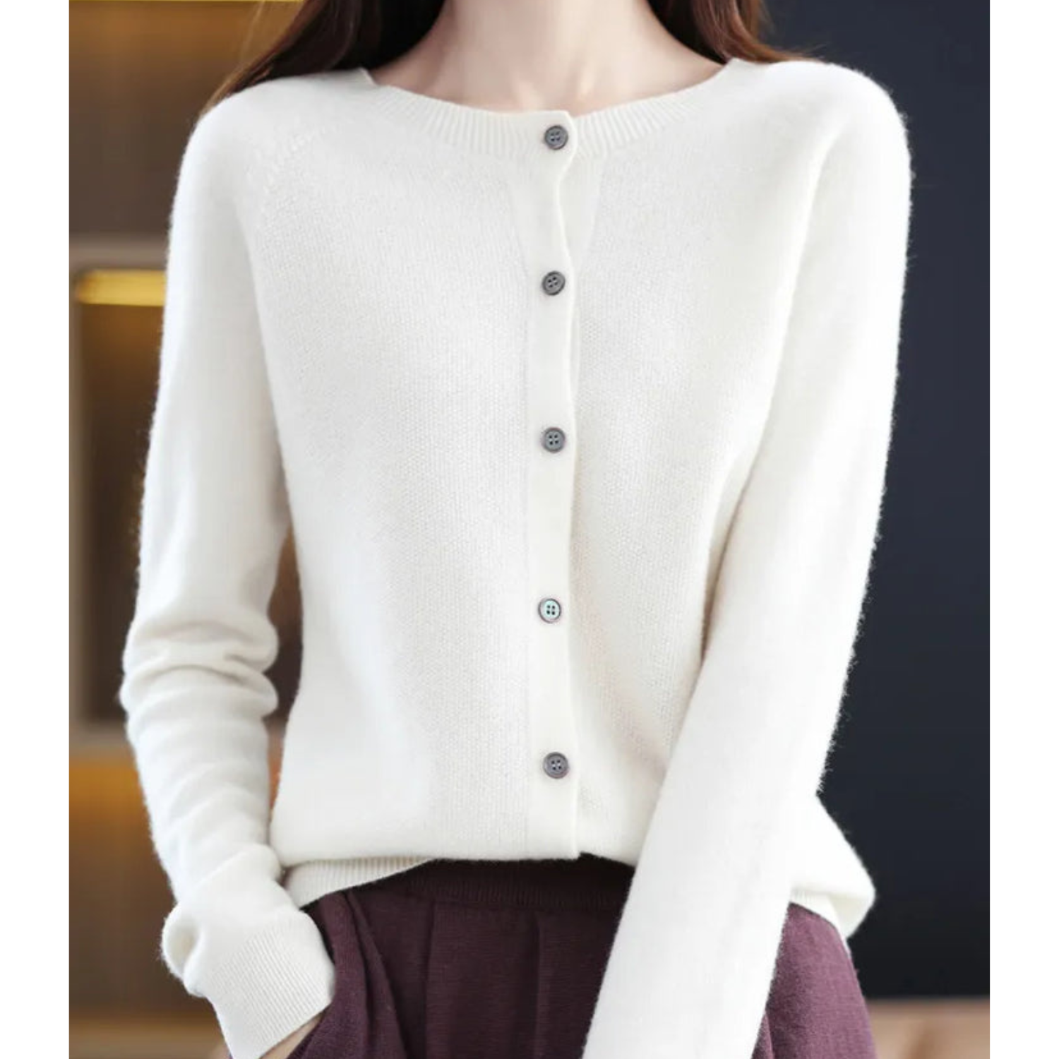 Women's Cashmere Cardigan | Merino Wool Blend, Elegant Round Neck 5