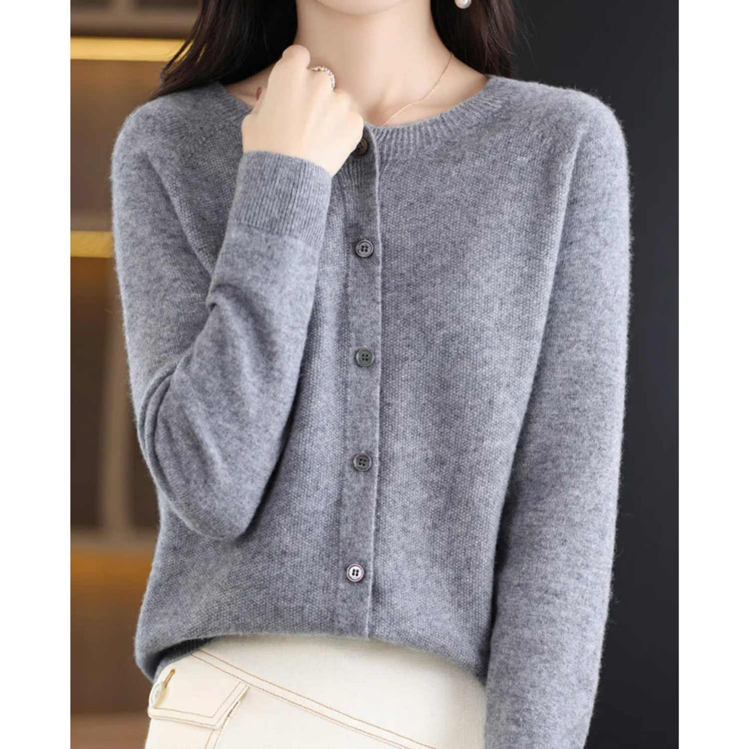 Women's Cashmere Cardigan | Merino Wool Blend, Elegant Round Neck 7