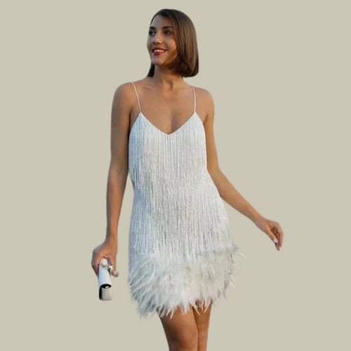 Women's Cocktail Dress | Feather-Trimmed Hem, Tailored Mini Silhouette 0