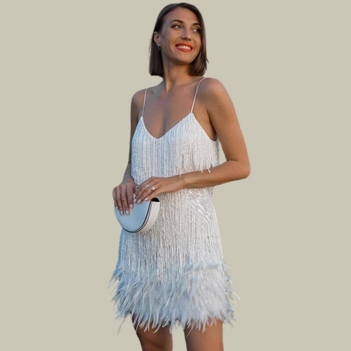 Women's Cocktail Dress | Feather-Trimmed Hem, Tailored Mini Silhouette 1