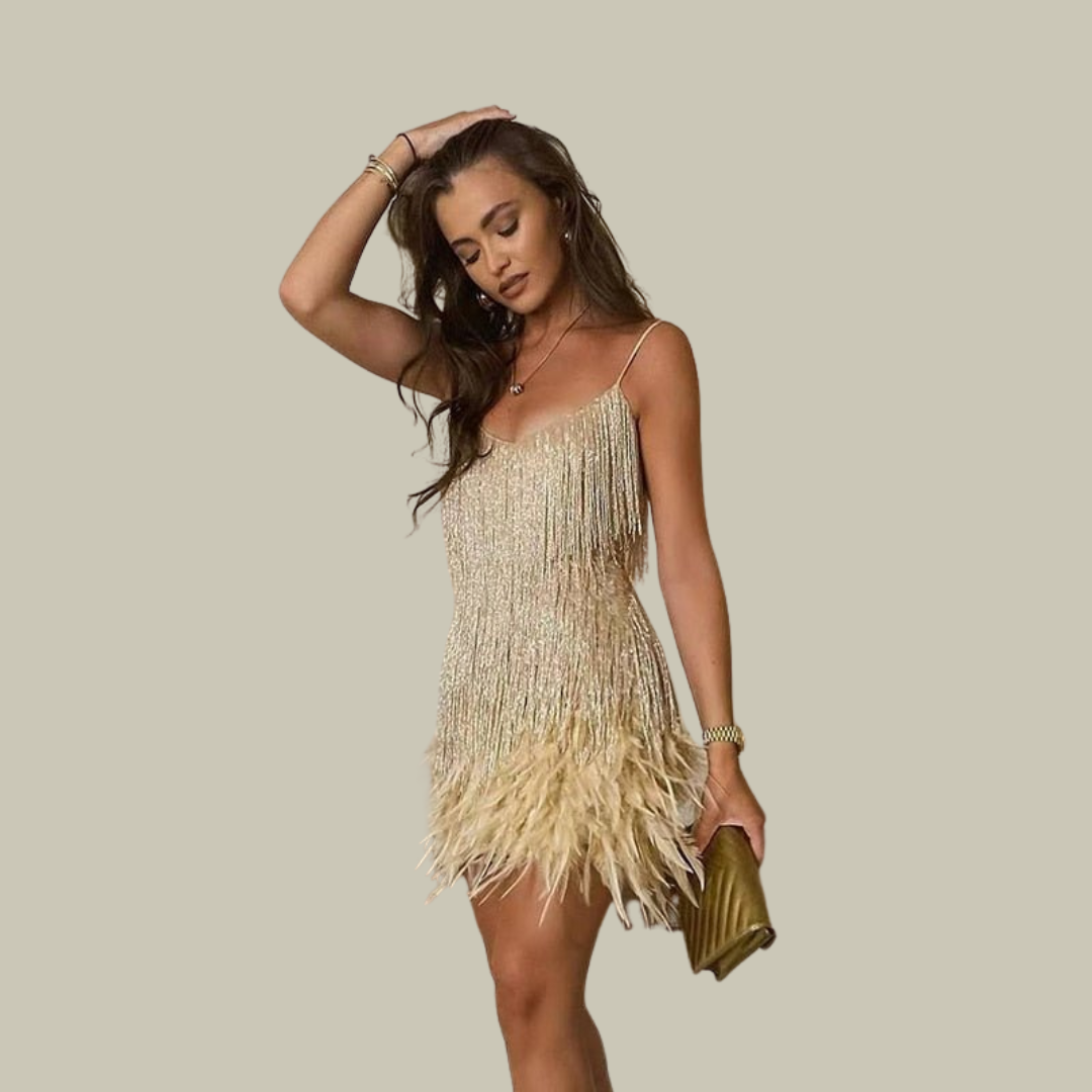 Women's Cocktail Dress | Feather-Trimmed Hem, Tailored Mini Silhouette 3