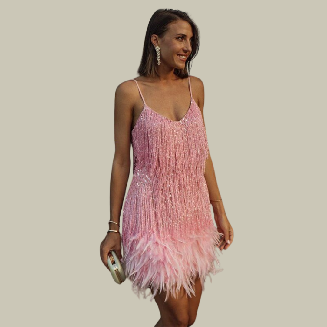 Women's Cocktail Dress | Feather-Trimmed Hem, Tailored Mini Silhouette 4