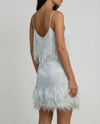 Women's Cocktail Dress | Feather Hem, Shimmering Fringe, V-Neck 2