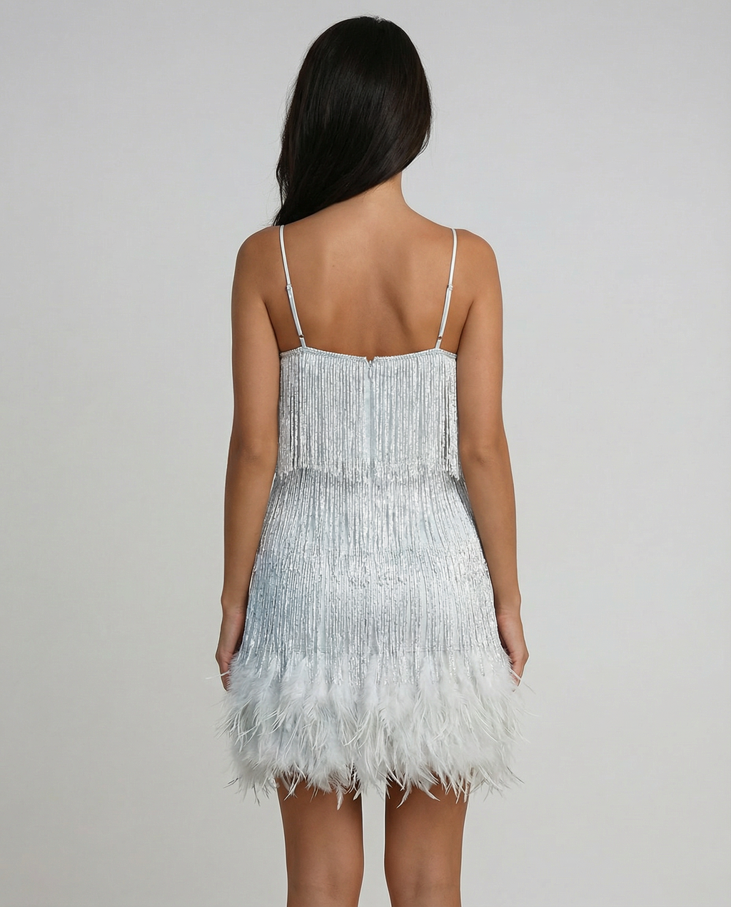 Women's Cocktail Dress | Feather Hem, Shimmering Fringe, V-Neck 3