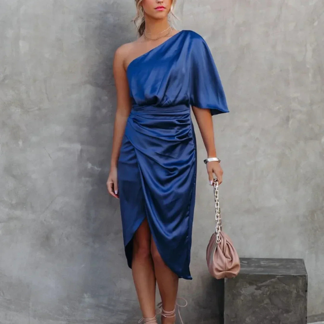 Women's Cocktail Dress | One Shoulder Satin Wrap Mini Dress 1