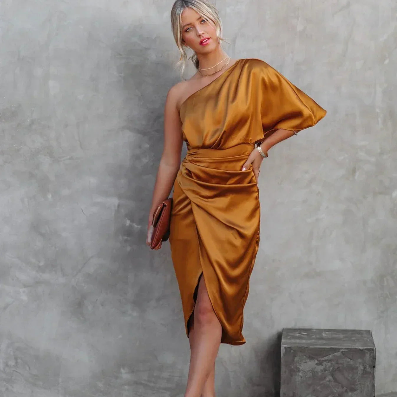 Women's Cocktail Dress | One Shoulder Satin Wrap Mini Dress 3