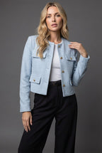 Women's Cropped Blazer | Tweed Fabric, Gold Buttons, Flap Pockets 0