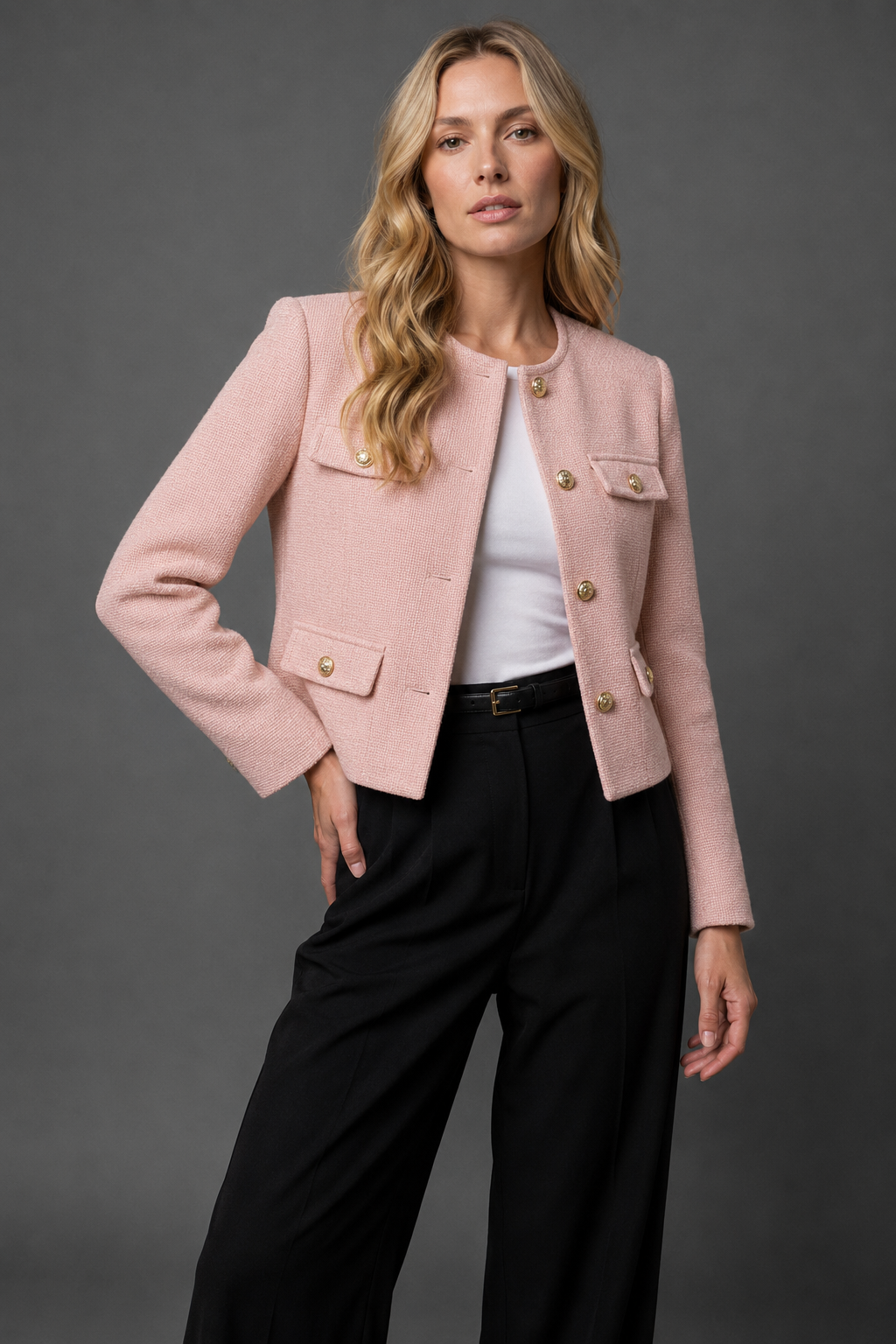 Women's Cropped Blazer | Tweed Fabric, Gold Buttons, Flap Pockets 10