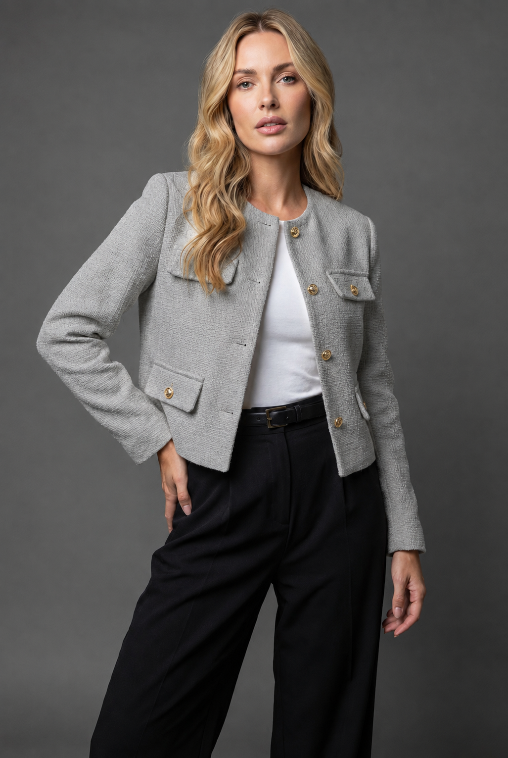 Women's Cropped Blazer | Tweed Fabric, Gold Buttons, Flap Pockets 11