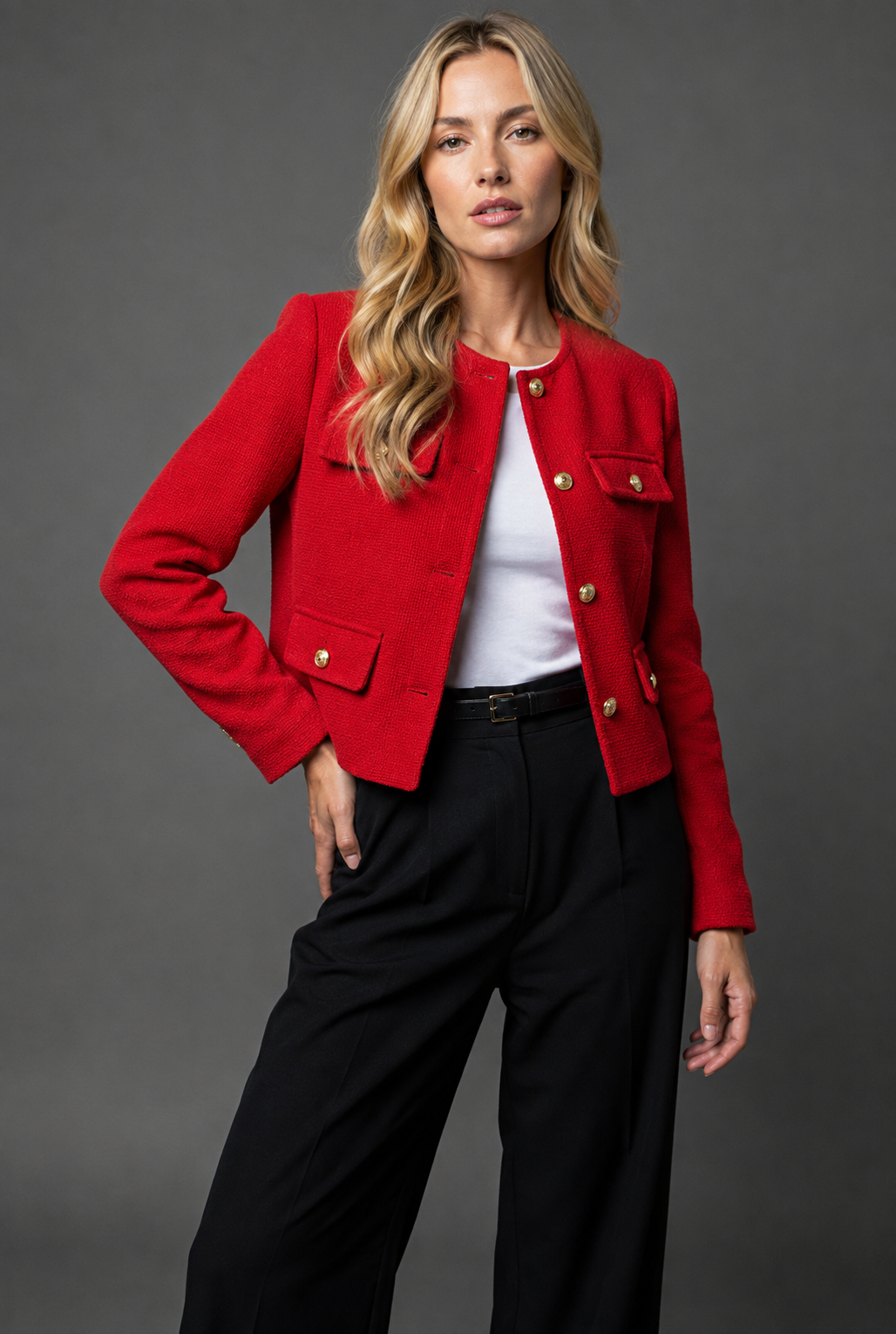 Women's Cropped Blazer | Tweed Fabric, Gold Buttons, Flap Pockets 12