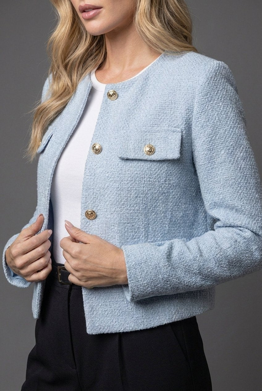 Women's Cropped Blazer | Tweed Fabric, Gold Buttons, Flap Pockets 2