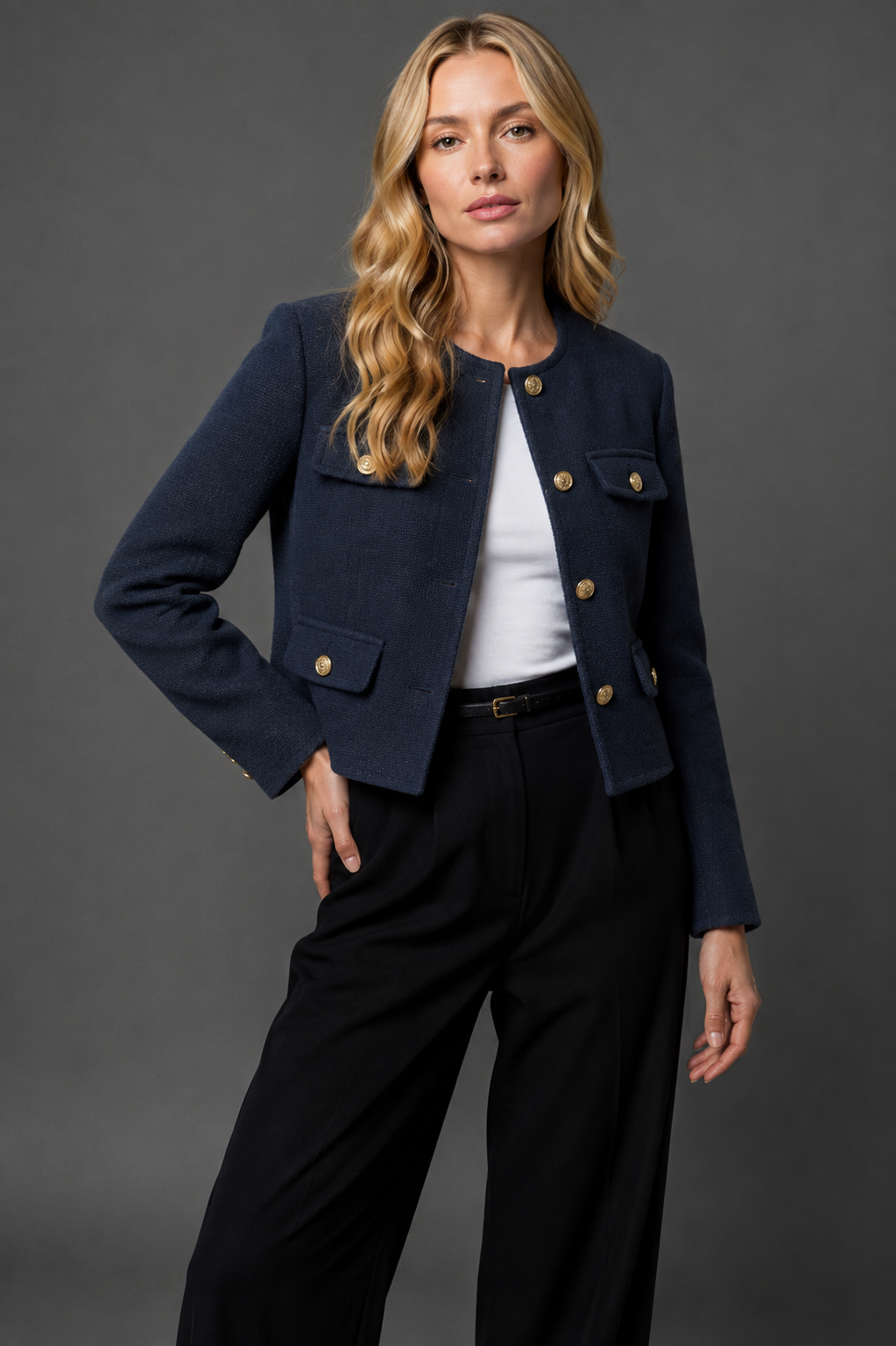 Women's Cropped Blazer | Tweed Fabric, Gold Buttons, Flap Pockets 6