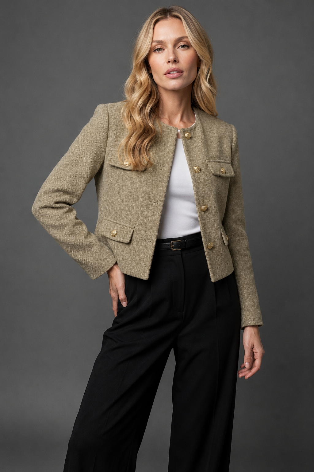 Women's Cropped Blazer | Tweed Fabric, Gold Buttons, Flap Pockets 9