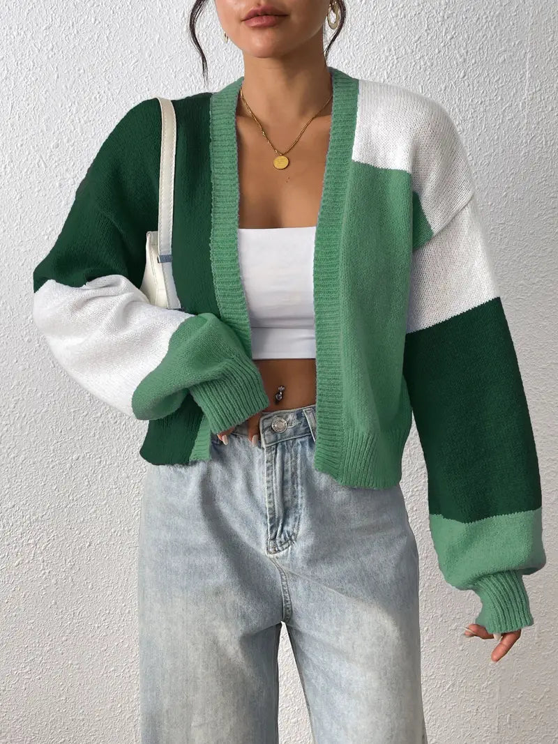 Women's Cropped Cardigan | Bold Colour Block, Open Front, Relaxed Fit 5
