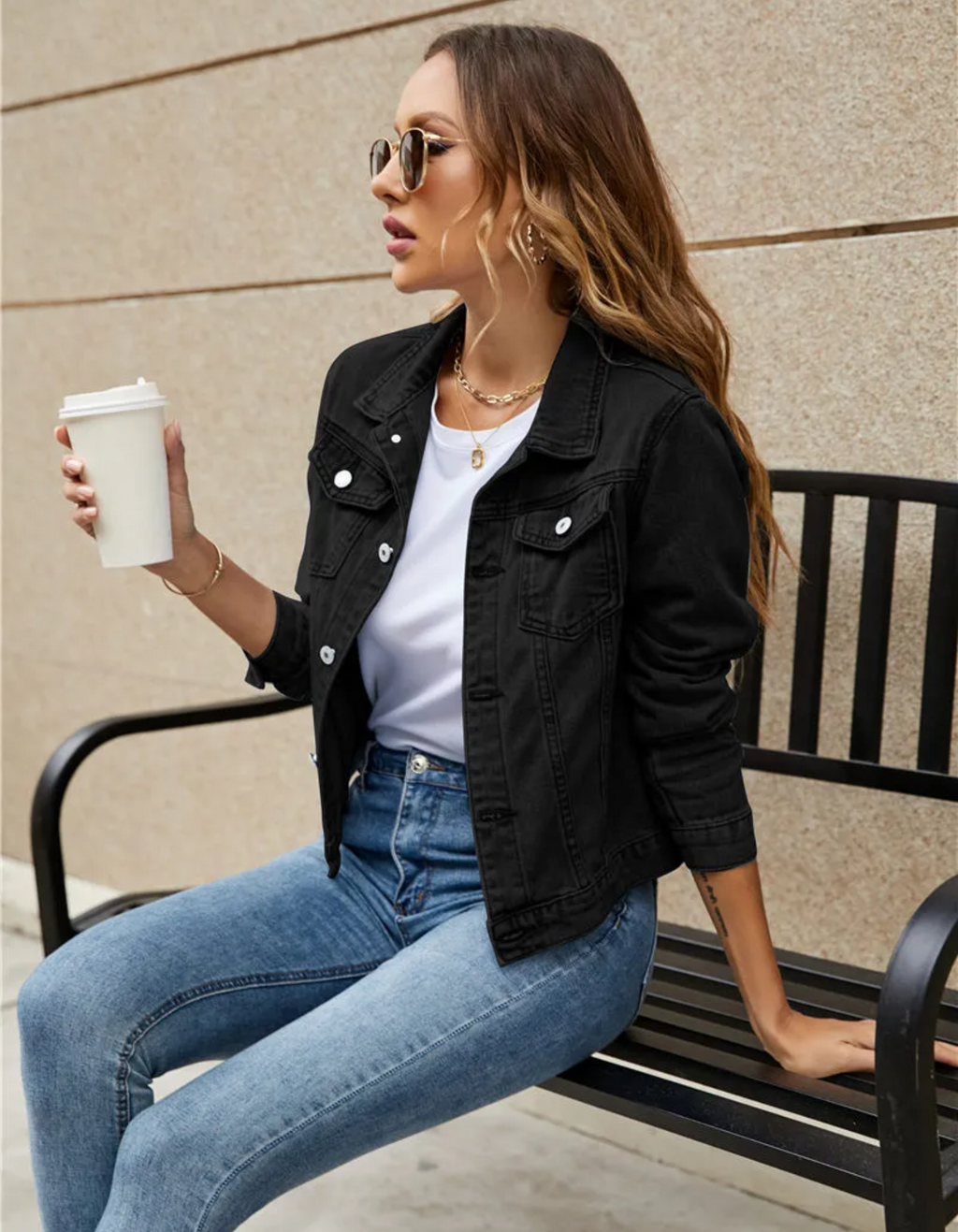 Women's Cropped Denim Jacket | Classic Collar, Button Front, Chest Pockets 1
