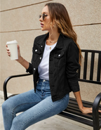Women's Cropped Denim Jacket | Classic Collar, Button Front, Chest Pockets 1