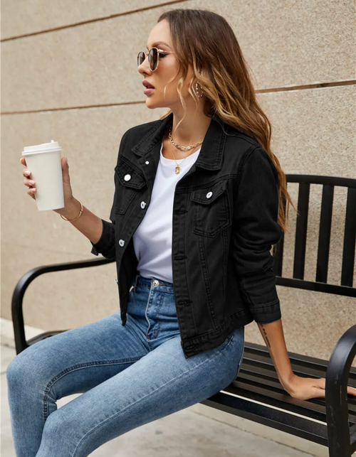 Women's Cropped Denim Jacket | Classic Collar, Button Front, Chest Pockets 1