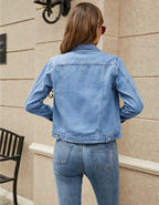 Women's Cropped Denim Jacket | Classic Collar, Button Front, Chest Pockets 3