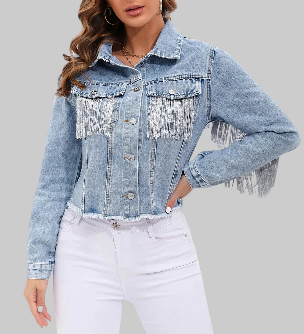 Women's Cropped Denim Jacket | Light Wash with Silver Fringe Detail, Relaxed Fit 0