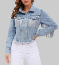 Women's Cropped Denim Jacket | Light Wash with Silver Fringe Detail, Relaxed Fit 0