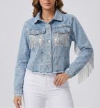 Women's Cropped Denim Jacket | Light Wash with Silver Fringe Detail, Relaxed Fit 1