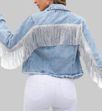 Women's Cropped Denim Jacket | Light Wash with Silver Fringe Detail, Relaxed Fit 2
