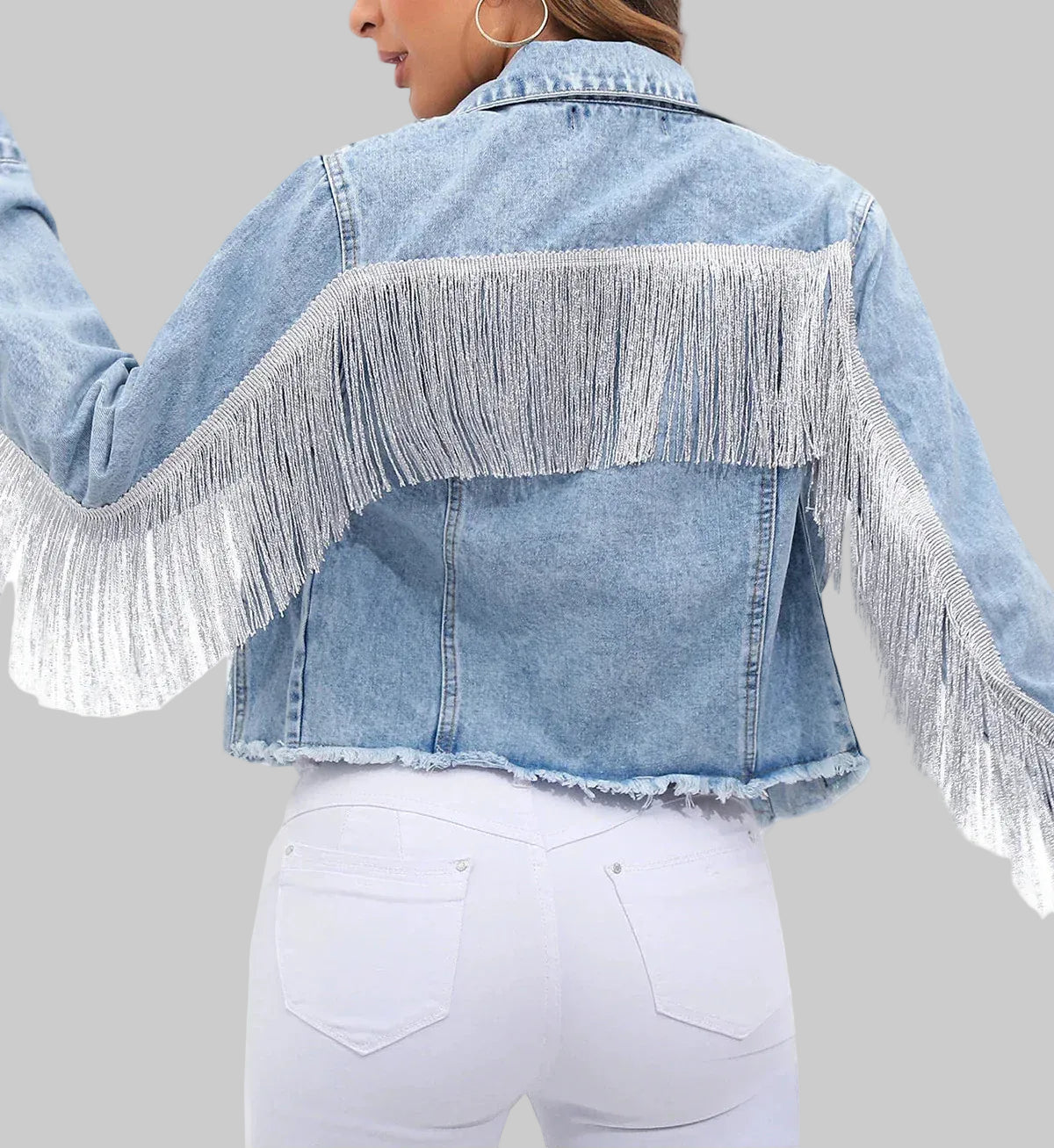 Women's Cropped Denim Jacket | Light Wash with Silver Fringe Detail, Relaxed Fit 2