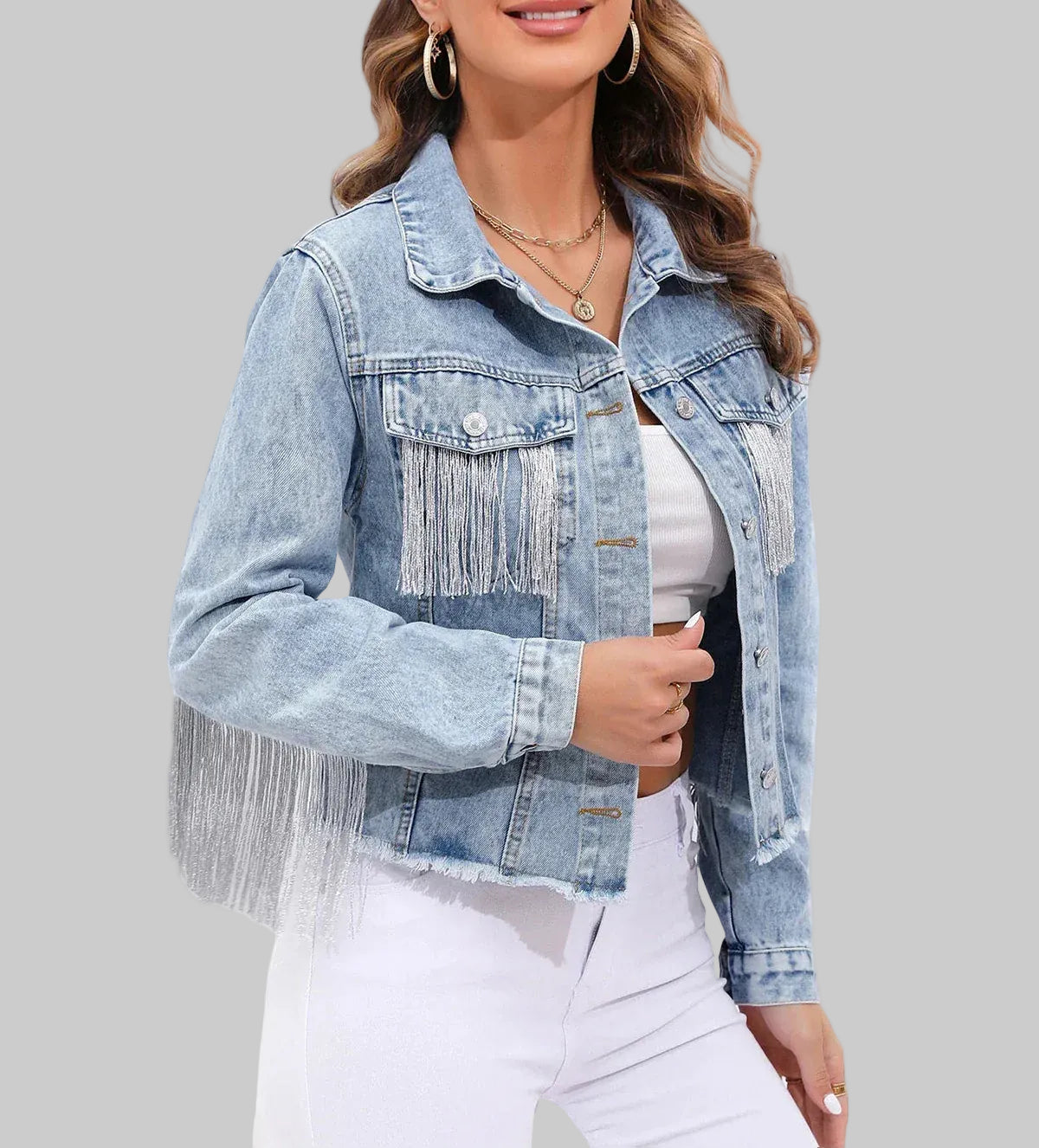 Women's Cropped Denim Jacket | Light Wash with Silver Fringe Detail, Relaxed Fit 3
