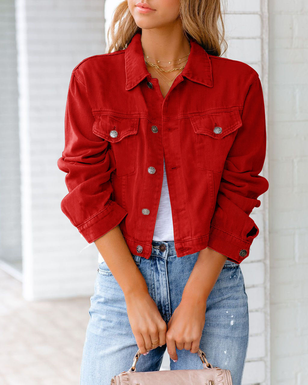 Women's Cropped Denim Jacket | Relaxed Fit, Chest Pockets, Waist Length 5