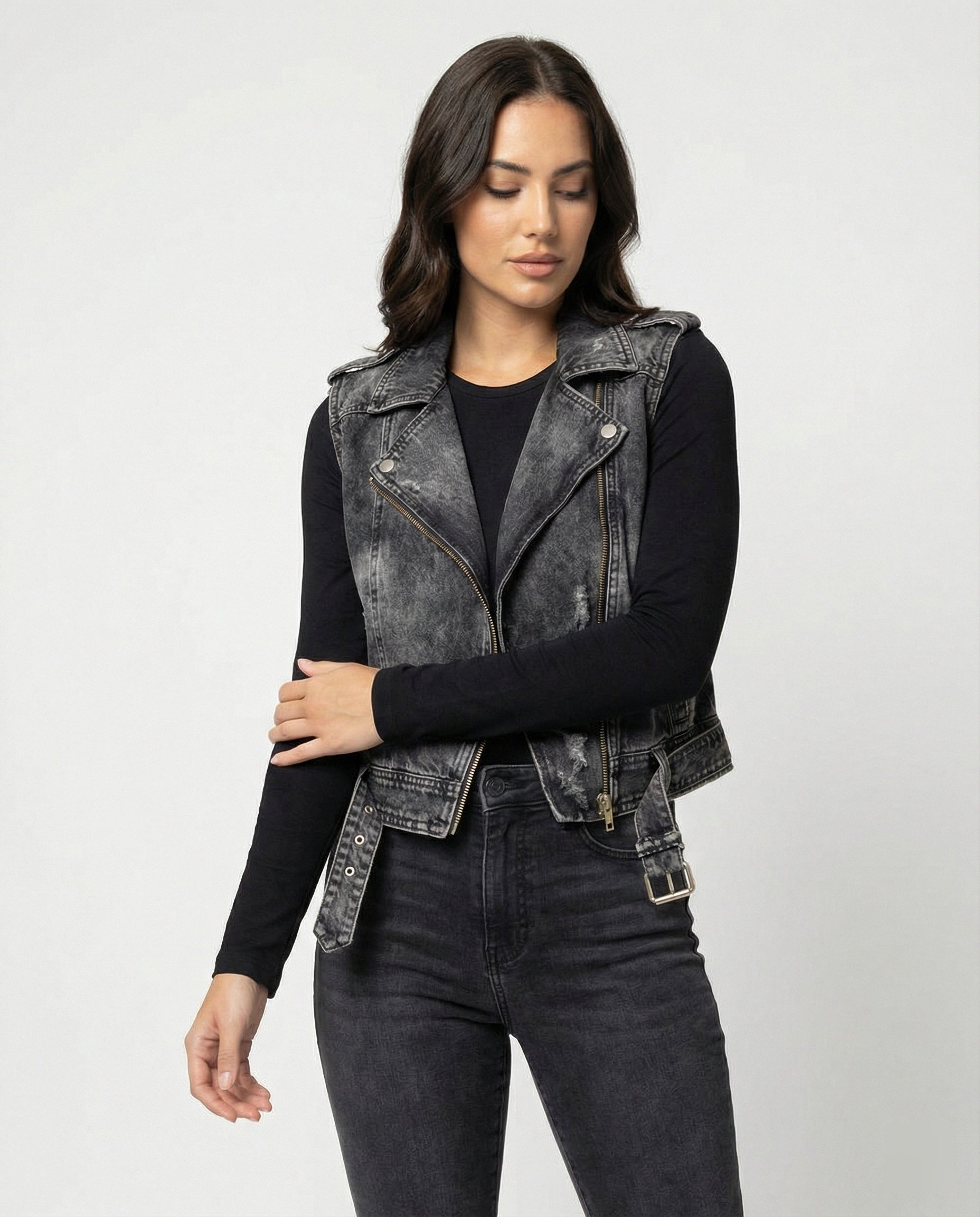 Women's Denim Biker Gilet | Dark Wash, Adjustable Waist Belt, Sleeveless Design 0
