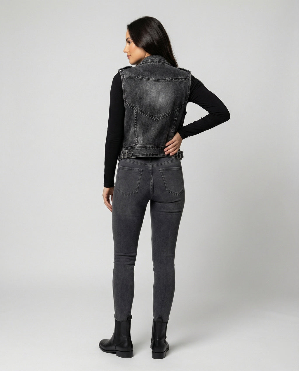 Women's Denim Biker Gilet | Dark Wash, Adjustable Waist Belt, Sleeveless Design 1