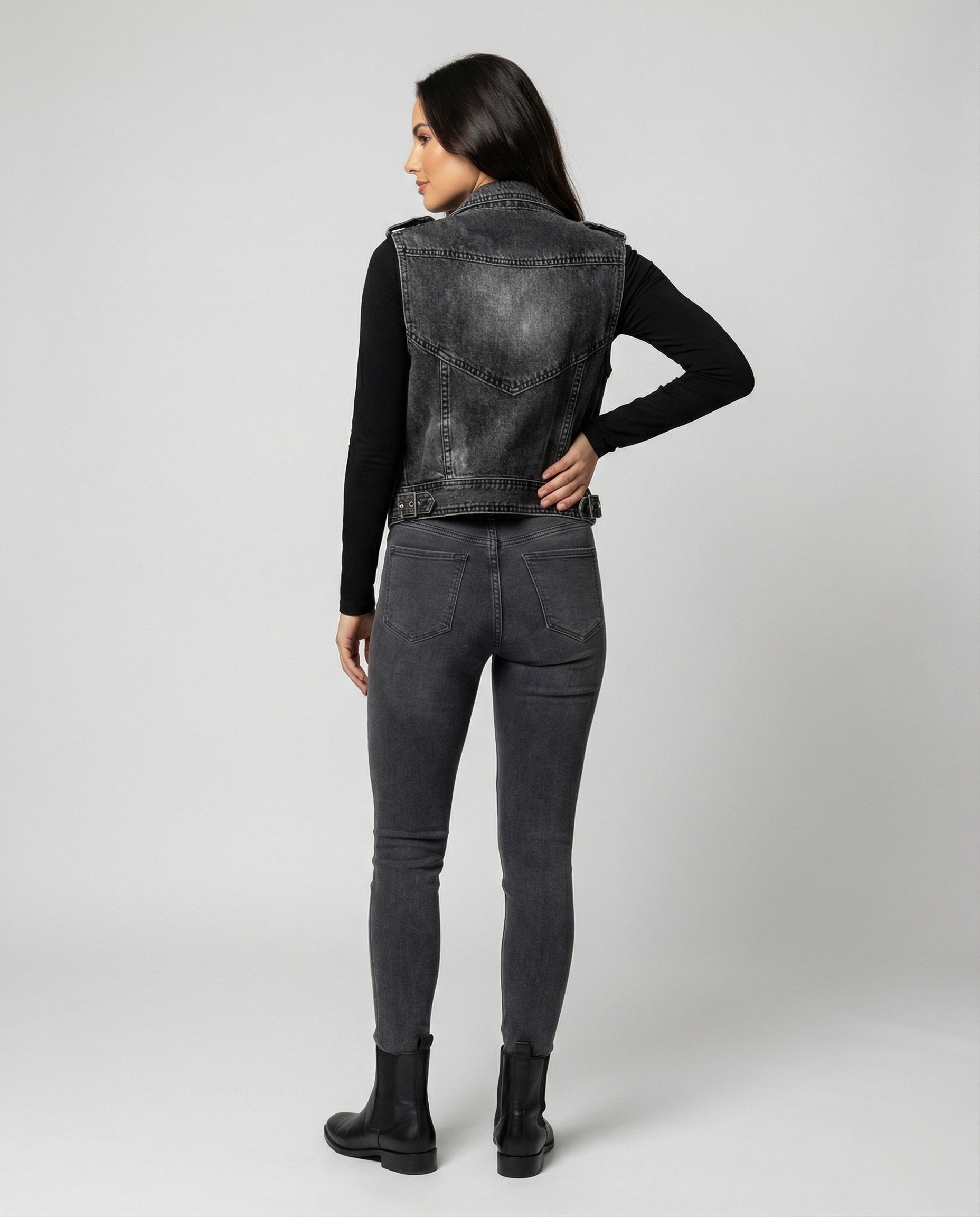 Women's Denim Biker Gilet | Dark Wash, Adjustable Waist Belt, Sleeveless Design 1