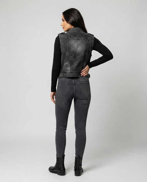 Women's Denim Biker Gilet | Dark Wash, Adjustable Waist Belt, Sleeveless Design 1