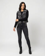 Women's Denim Biker Gilet | Dark Wash, Adjustable Waist Belt, Sleeveless Design 2