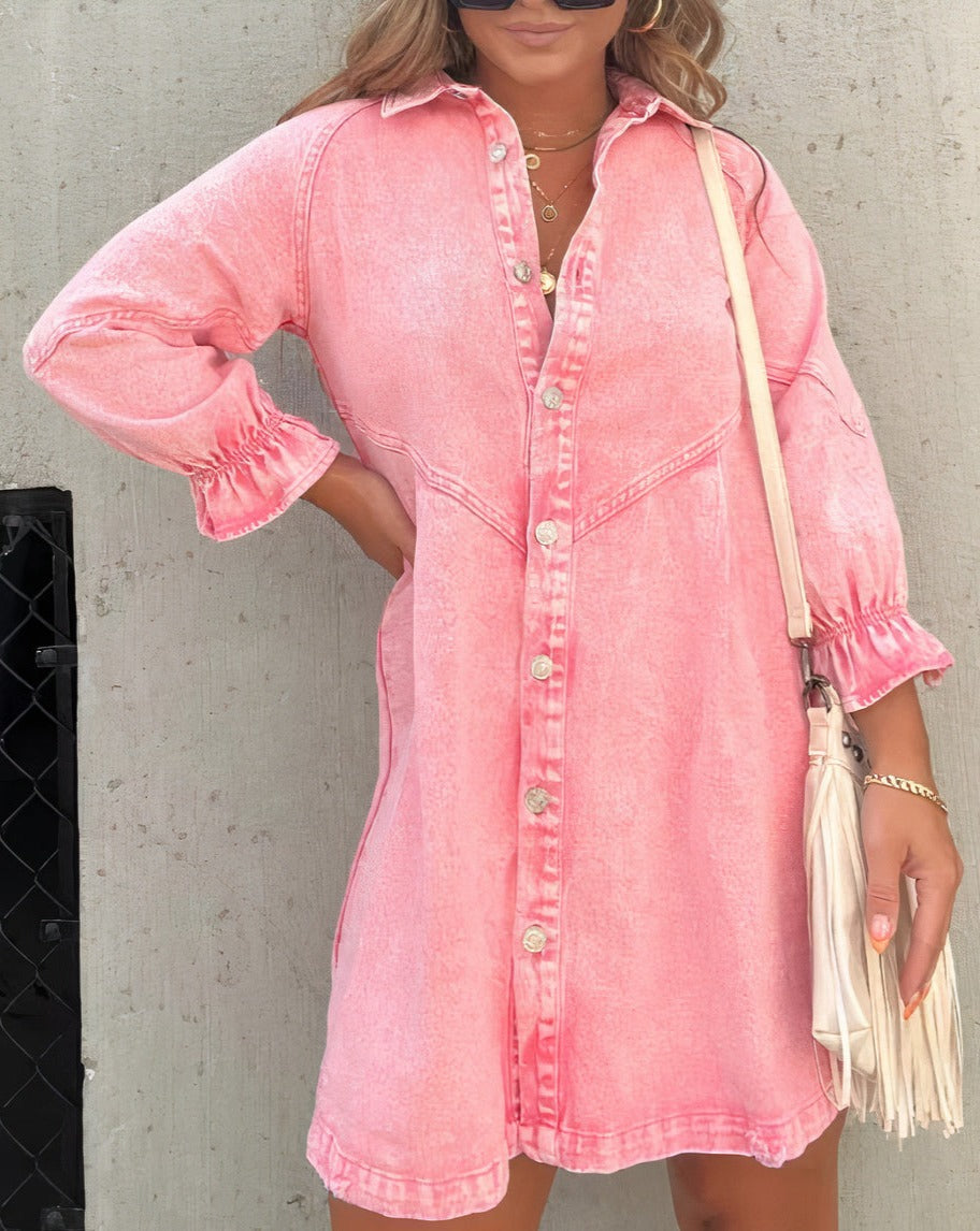 Women’s Denim Mini Dress | Puff Sleeve, Smocked Cuffs 3