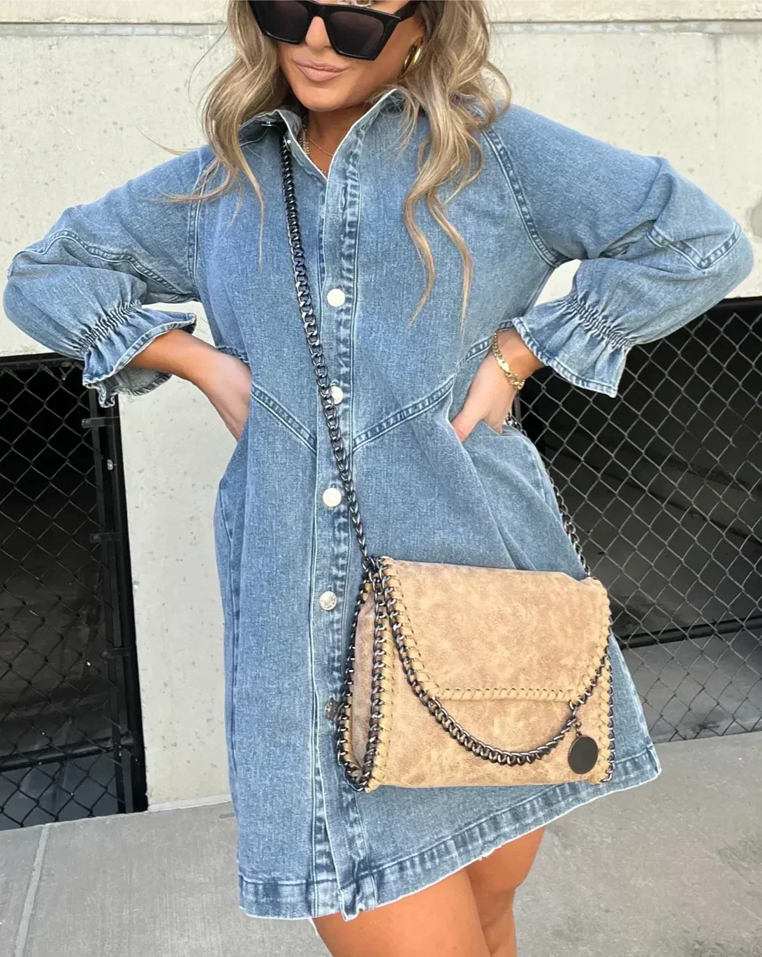 Women’s Denim Mini Dress | Puff Sleeve, Smocked Cuffs 4