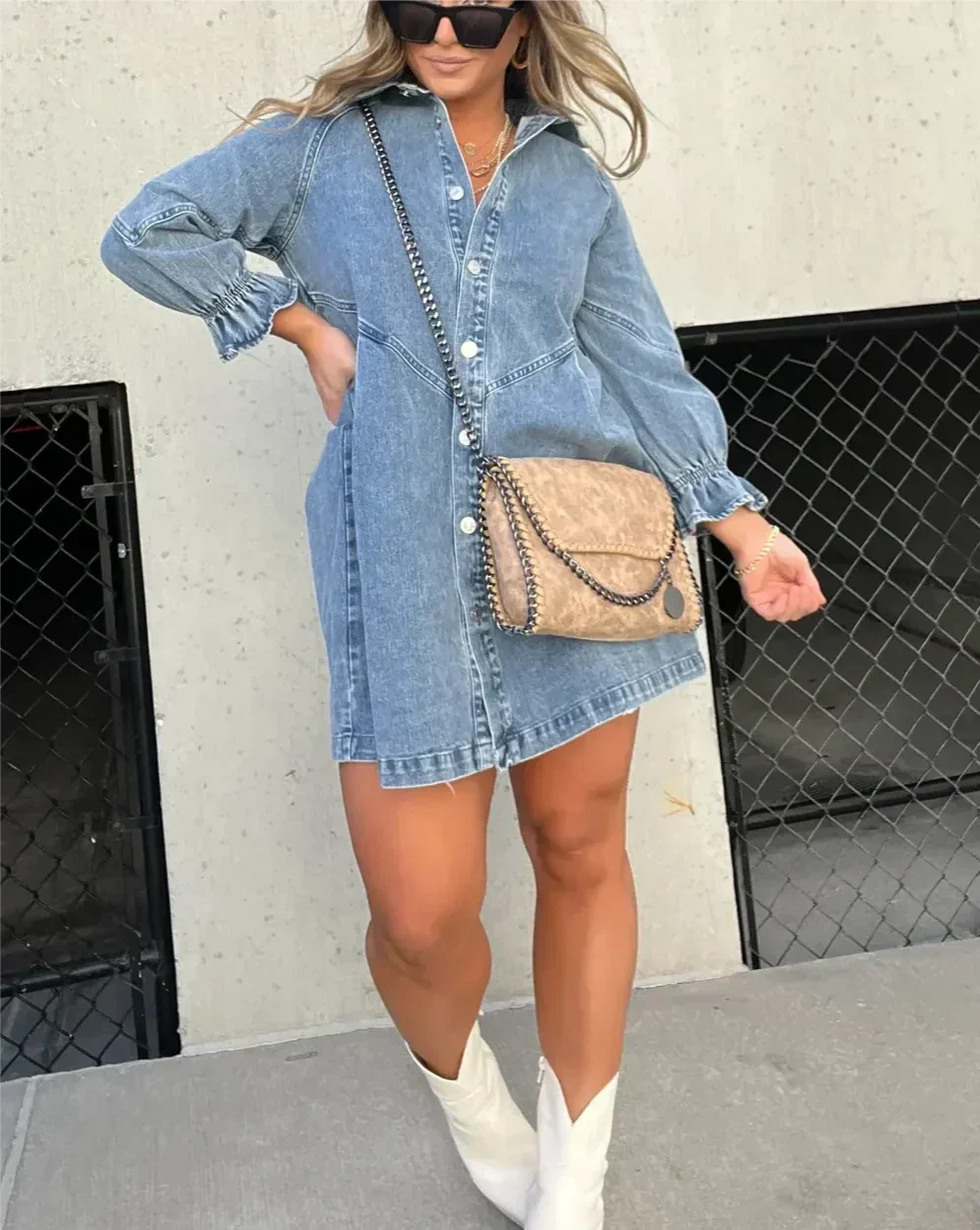 Women’s Denim Mini Dress | Puff Sleeve, Smocked Cuffs 5