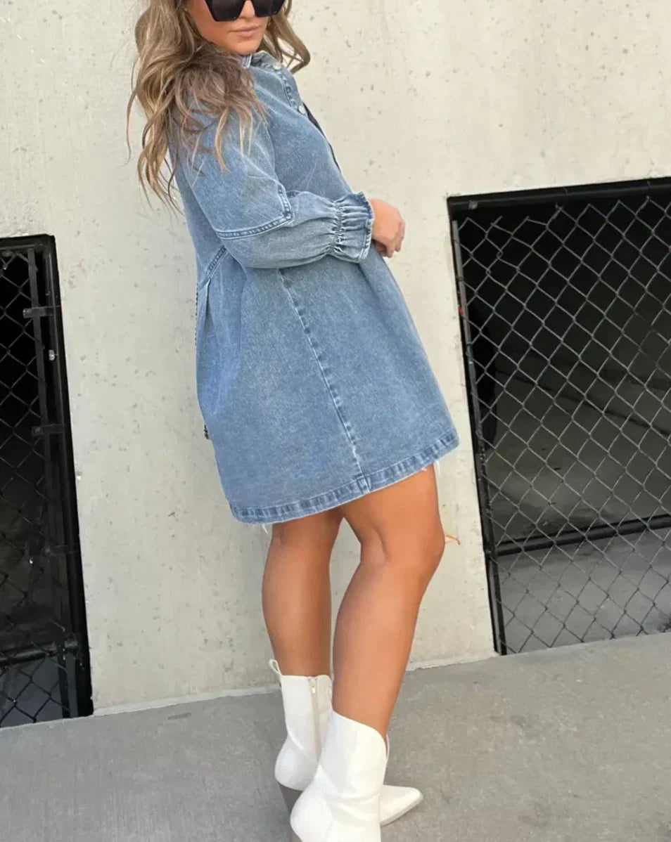 Women’s Denim Mini Dress | Puff Sleeve, Smocked Cuffs 6